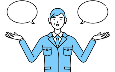 ふきだしつき、比較をする作業着を着たシニア女性（経営者、管理職、工場長）