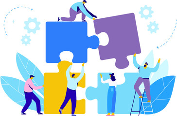 People connecting puzzle elements. Business concept. Partnership. Team working, illustration in flat design style.	
