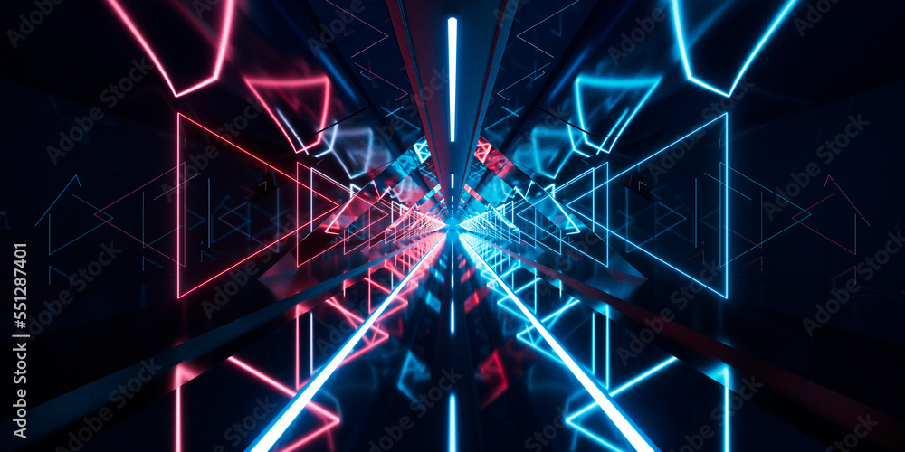 Poster dark tunnel with glowing light illuminated, 3d rendering.