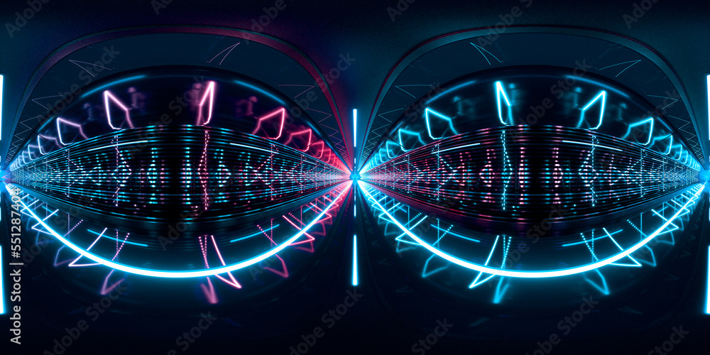 Poster dark tunnel with glowing light illuminated, 3d rendering. 360-degree seamless panoramic view.