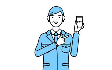 スマホのキャッシュレス・オンライン決済を勧める作業着を着たシニア女性（経営者、管理職、工場長）