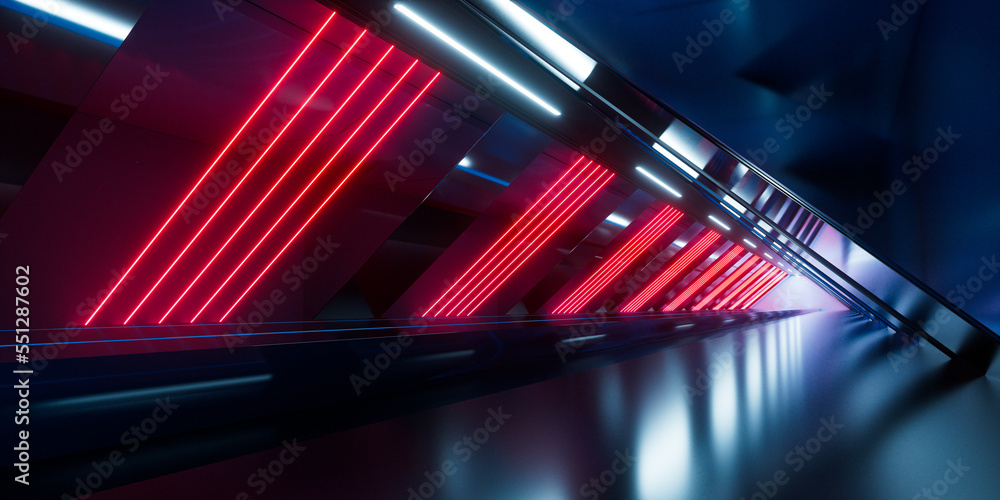 Poster dark tunnel with glowing light illuminated, 3d rendering.