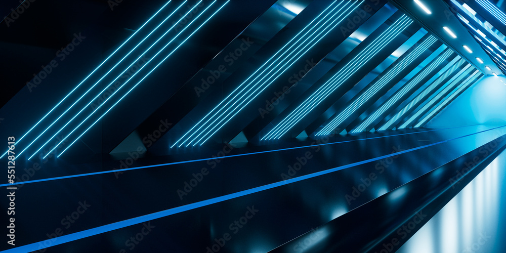 Poster dark tunnel with glowing light illuminated, 3d rendering.