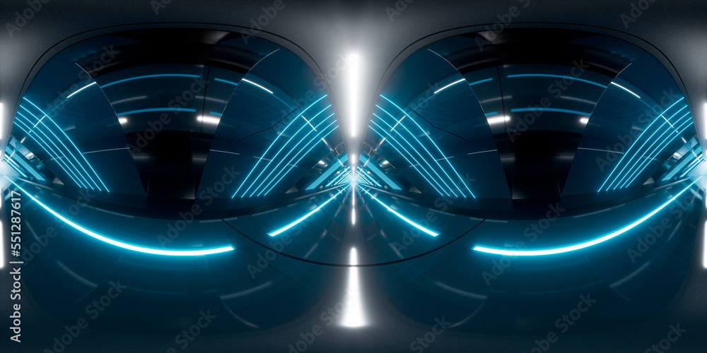 Poster dark tunnel with glowing light illuminated, 3d rendering. 360-degree seamless panoramic view.