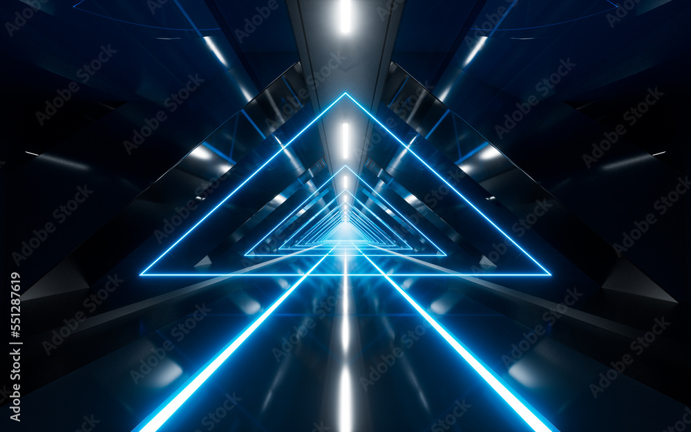 Poster dark tunnel with glowing light illuminated, 3d rendering.