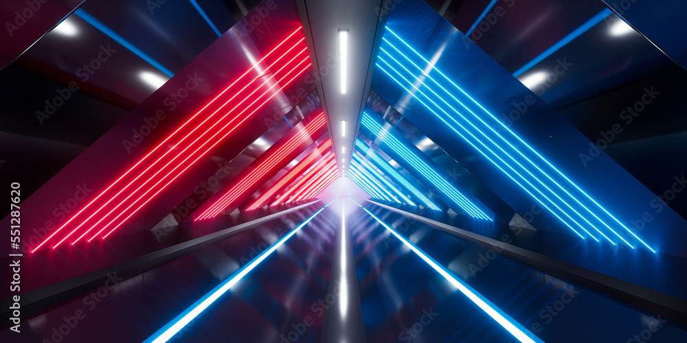 Poster dark tunnel with glowing light illuminated, 3d rendering.