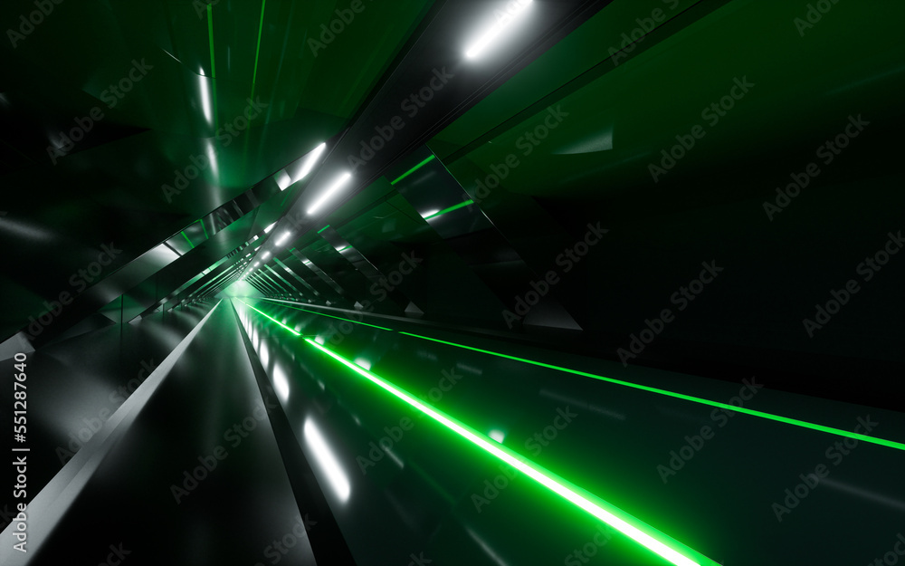 Poster dark tunnel with glowing light illuminated, 3d rendering.