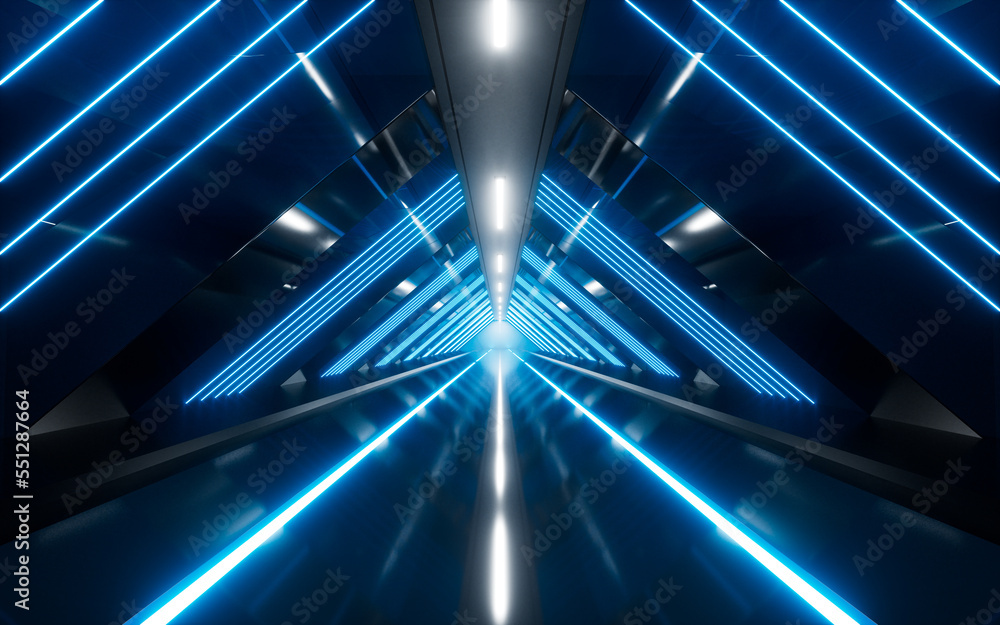 Poster dark tunnel with glowing light illuminated, 3d rendering.