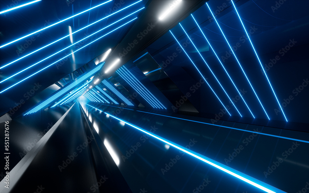 Poster dark tunnel with glowing light illuminated, 3d rendering.