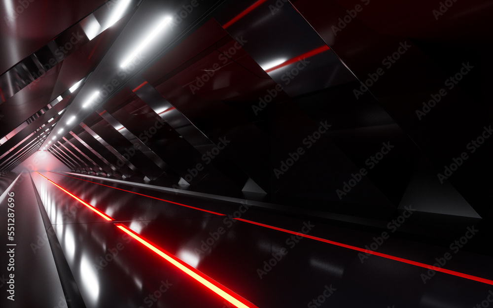 Poster dark tunnel with glowing light illuminated, 3d rendering.