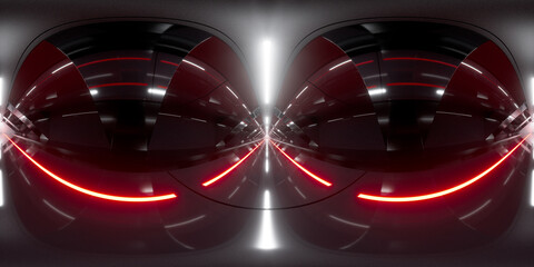 Obraz premium Dark tunnel with glowing light illuminated, 3d rendering. 360-degree seamless panoramic view.