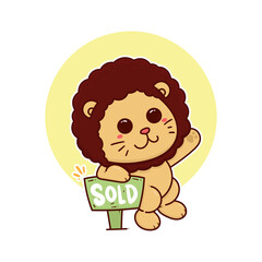 happy cute lion with sold tag board adorable cartoon doodle
