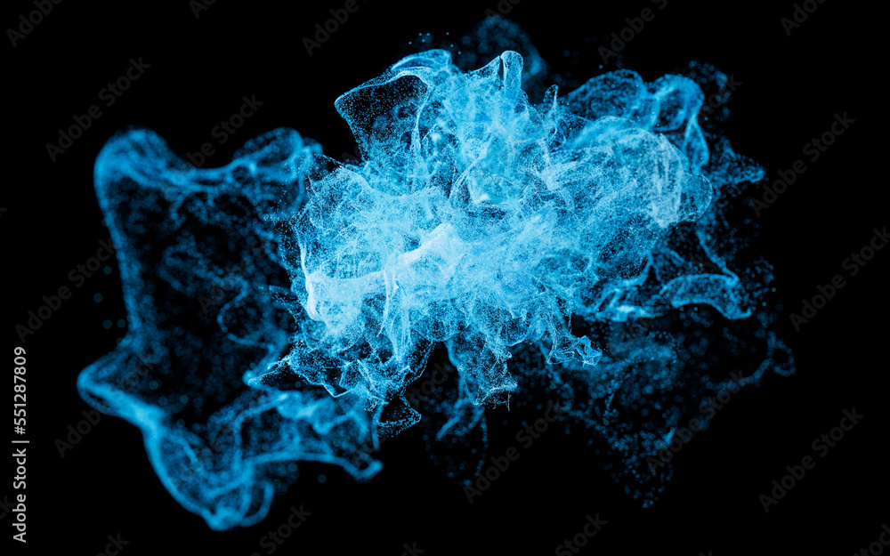 Poster abstract wave particles, diffuse powder, 3d rendering.