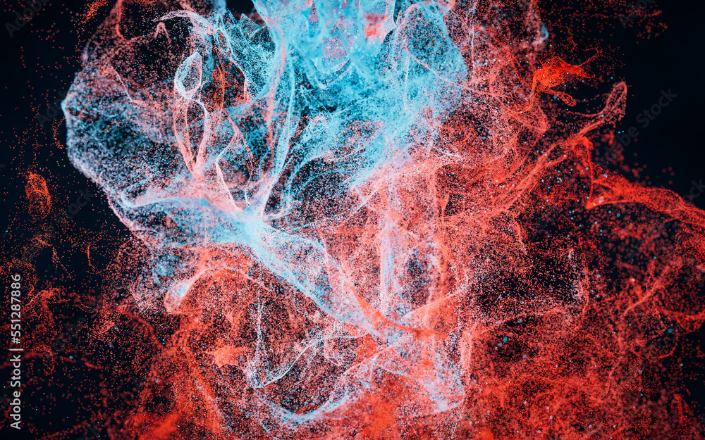 Poster abstract wave particles, diffuse powder, 3d rendering.