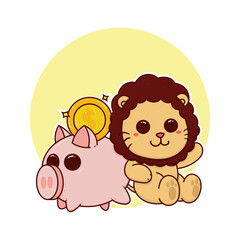 happy cute lion piggy bank money adorable cartoon doodle