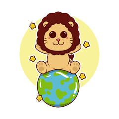 happy cute lion planet earth adorable cartoon doodle