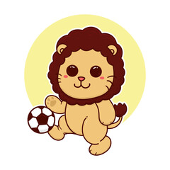 happy cute lion play soccer ball sport adorable cartoon doodle