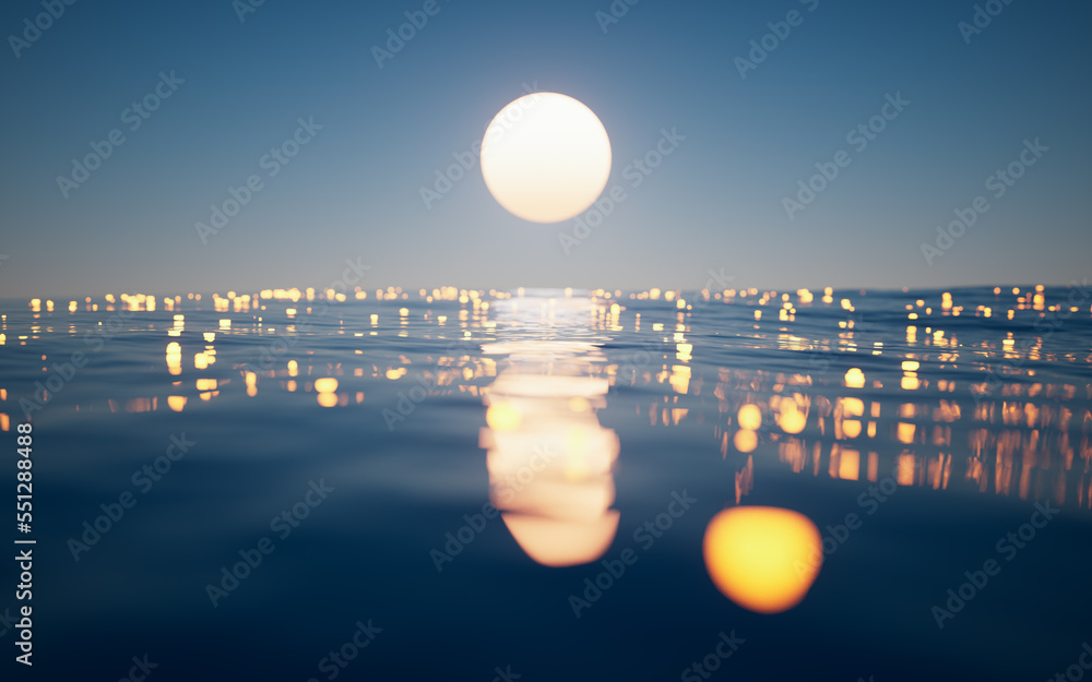 Poster rippled lake with glowing particles, 3d rendering.