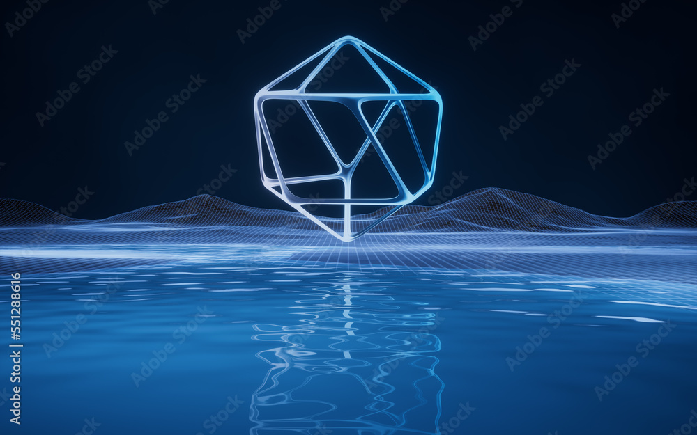 Poster digital space with geometric frame, 3d rendering.