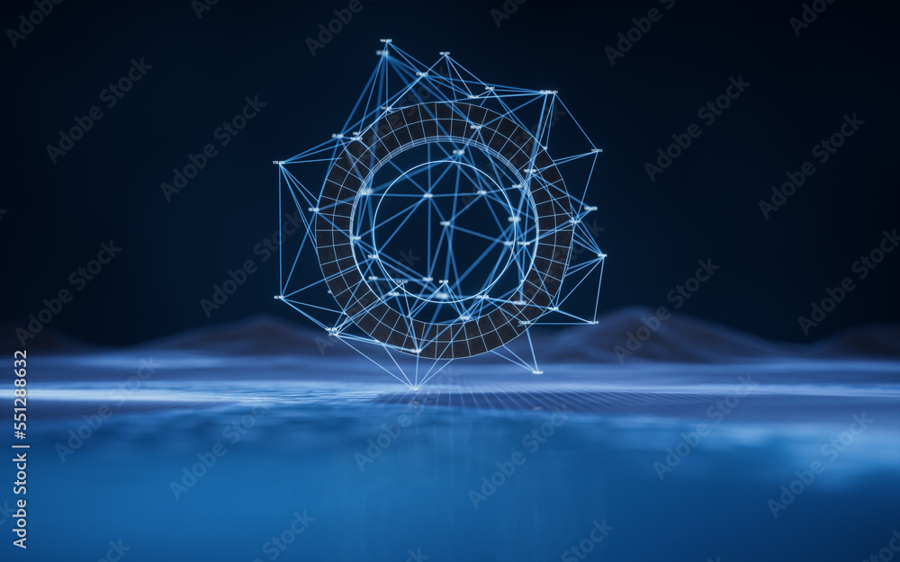 Poster digital space with digital ring geometry, 3d rendering.