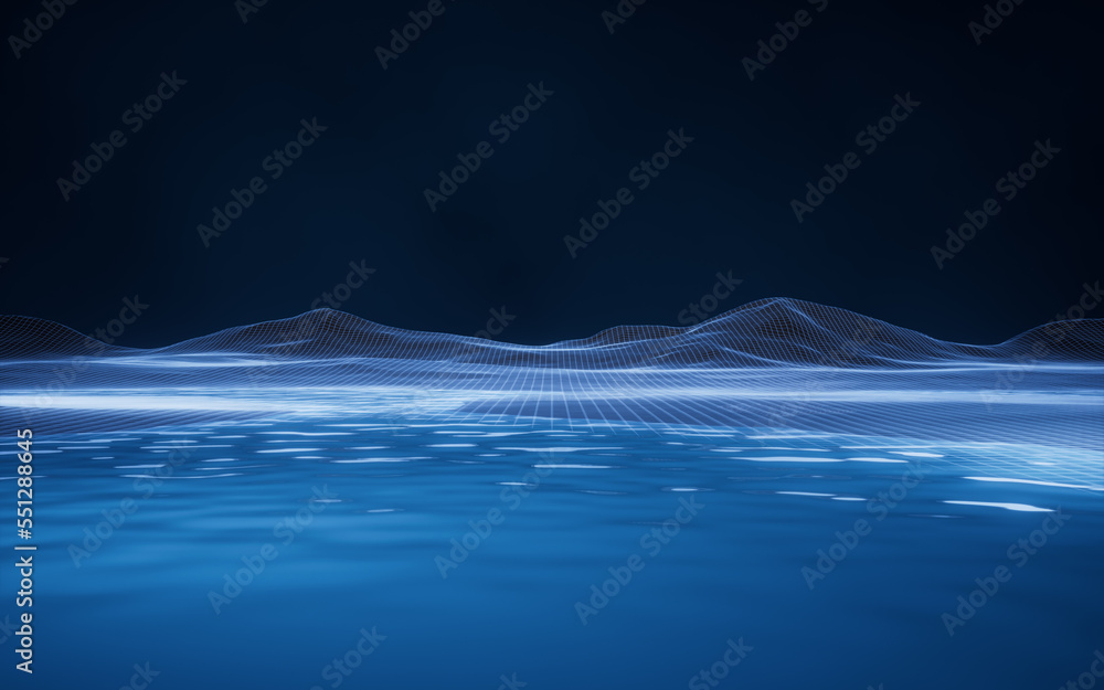 Poster digital space with water surface, 3d rendering.