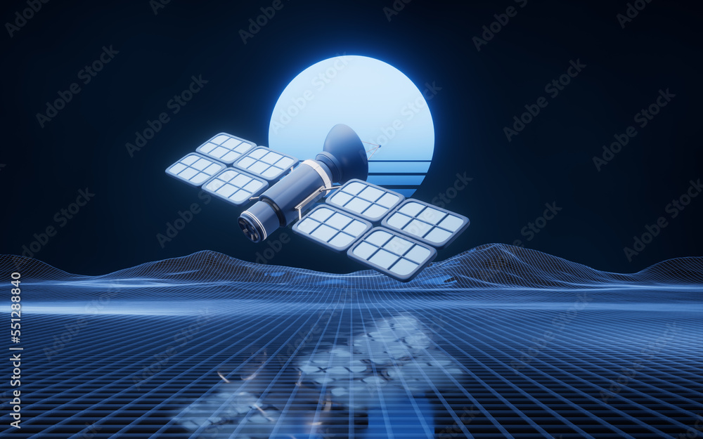 Poster satellite and outer space background, 3d rendering.