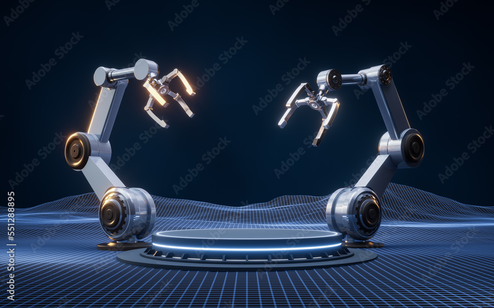 Aufkleber mechanical arm and digital grid space, 3d rendering.