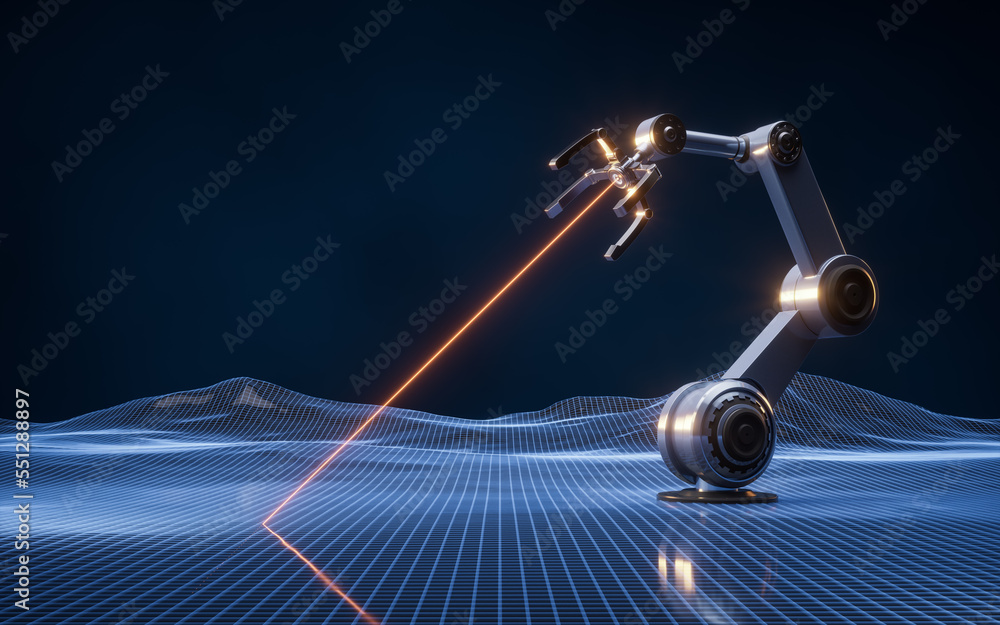Poster mechanical arm and digital grid space, 3d rendering.