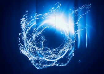 3d illustration combining blue water splash and blue light circle in science concept