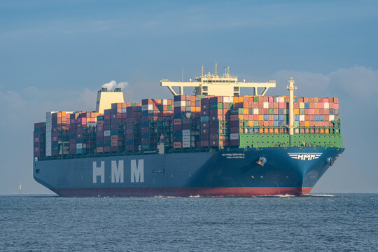 CUXHAVEN, GERMANY - NOVEMBER 21, 2022: container ship HMM Algeciras on the river Elbe