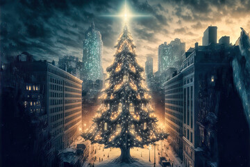Fantasie Weihnachtsbaum Hintergrund in einer Fantasie Weltstadt mitten auf der Strasse mit Beleuchtung und Schmuck AI Art AI Digital Illustration Background Backdrop 