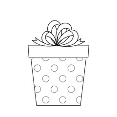 Present with polka dots and bow coloring page. Black and white gift. Vector