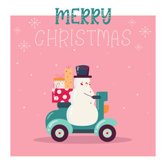 Obraz na płótnie Canvas Merry christmas card. snowman riding a moped with gifts, pink background