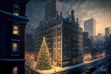 Fantasie Weihnachtsbaum Hintergrund in einer Fantasie Weltstadt mitten auf der Strasse mit Beleuchtung und Schmuck AI Art AI Digital Illustration Background Backdrop 