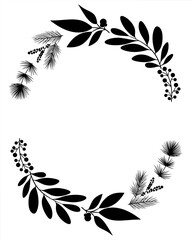 wreath silhouette. Isolated black illustration wreath with leaves. Round floral frame