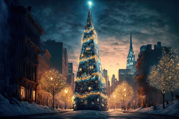 Fototapeta na wymiar Fantasie Weihnachtsbaum Hintergrund in einer Fantasie Weltstadt mitten auf der Strasse mit Beleuchtung und Schmuck AI Art AI Digital Illustration Background Backdrop 