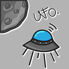 Hand drawn UFO with moon illustration flat style