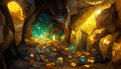 Poster Fantasy setting gold mine tunnel with glittering gold, colorful jewels, and other minerals. AI generated digital art AI generated image of underground gold, gemstone, emerald mine. © Summit Art Creations