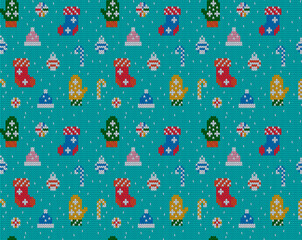 Christmas knitted print. Seamless pattern. Festive winter decoration. Festive crocheting. The frame of a woolen pullover. Vector illustration. Knitted colored ornament with Christmas elements.