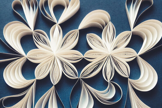 Splendid paper quilling snowflake shape flower background in digital art AI generated image. Realistic abstract paper craft in geometric shape of flower for decorative wallpaper or background.