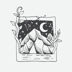 Hand drawn illustration photo of mountain at night with vines