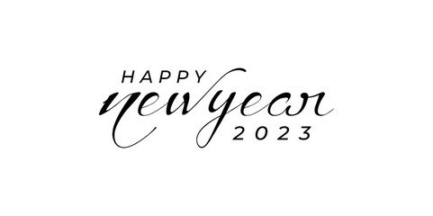 Happy New Year 2023 simple Logo. Abstract Hand drawn creative calligraphy vector logo design. 2023 New year black and white logo