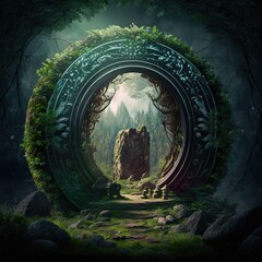 Raster illustration of a portal in the clearing in the forest. mythological portal for teleportation. Magic realism, science fiction, another world, parallel worlds. AI
