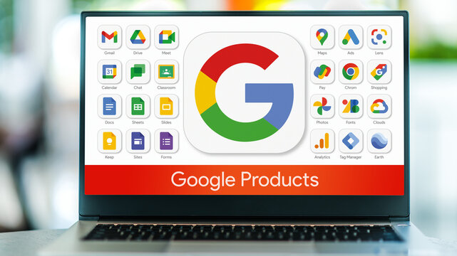Laptop computer displaying logos of Google products