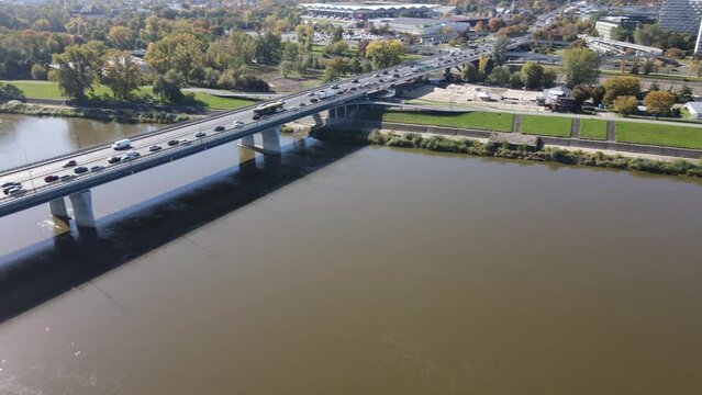 Aerial view of the Bridge and the Lazienkowska Route in Warsaw on a sunny,autumn day.