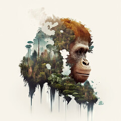 Double exposure of a saddened orangutan due to habitat loss - obrazy, fototapety, plakaty