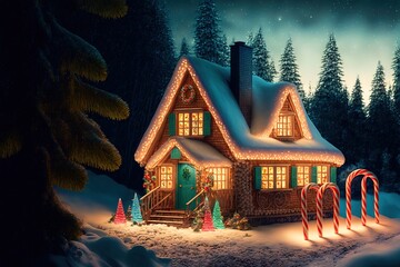 Fototapeta na wymiar Amazing log house decorated of Christmas lights in magical forest with cartoon spruces and candy canes