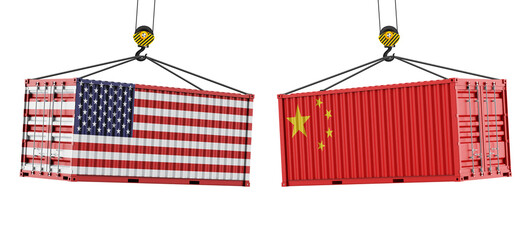 USA and China trade war concept. Port crane lift two cargo containers. Global trade, distribution...