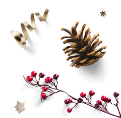 Christmas design element on transparent background; holly berry decoration, cones and golden star isolated on a white background;