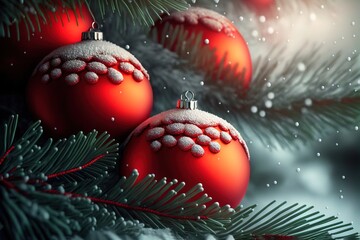 Fototapeta na wymiar christmas and new year holidays concept. Red balls on fir branches, winter snowy backdrop. festive winter season background. template for design. banner, copy space